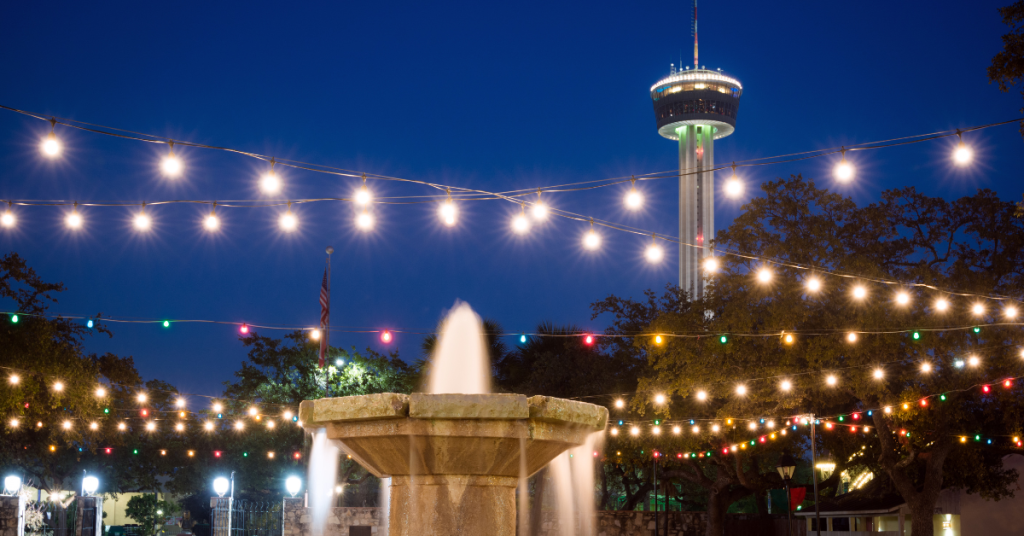 The best neighborhood in San Antonio, TX boasts a stunning fountain in front of the iconic San Antonio Tower.