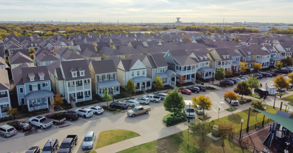 Aerial view of a row of retirement houses in the best suburbs of Dallas.