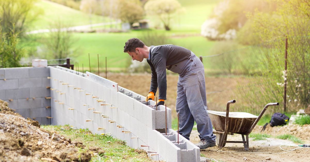 A man is constructing a retaining wall in a field to support the ground of a house being built in Houston. 