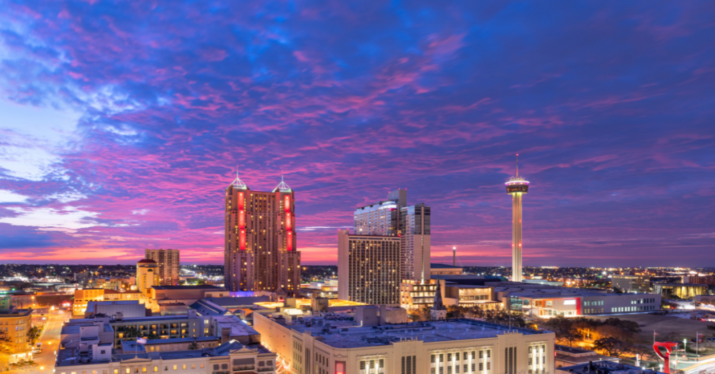 San Antonio skyline at dusk showcasing the safest neighborhoods.